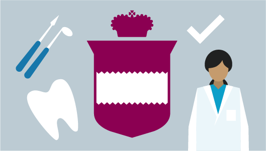 Illustration: College crest, female dentist, dental tools, checkmark and tooth. 